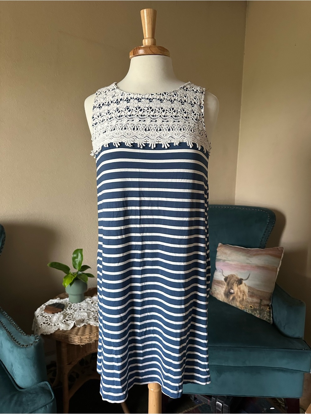 Skye’s The Limit Dress Blue White Stripe Small Crochet